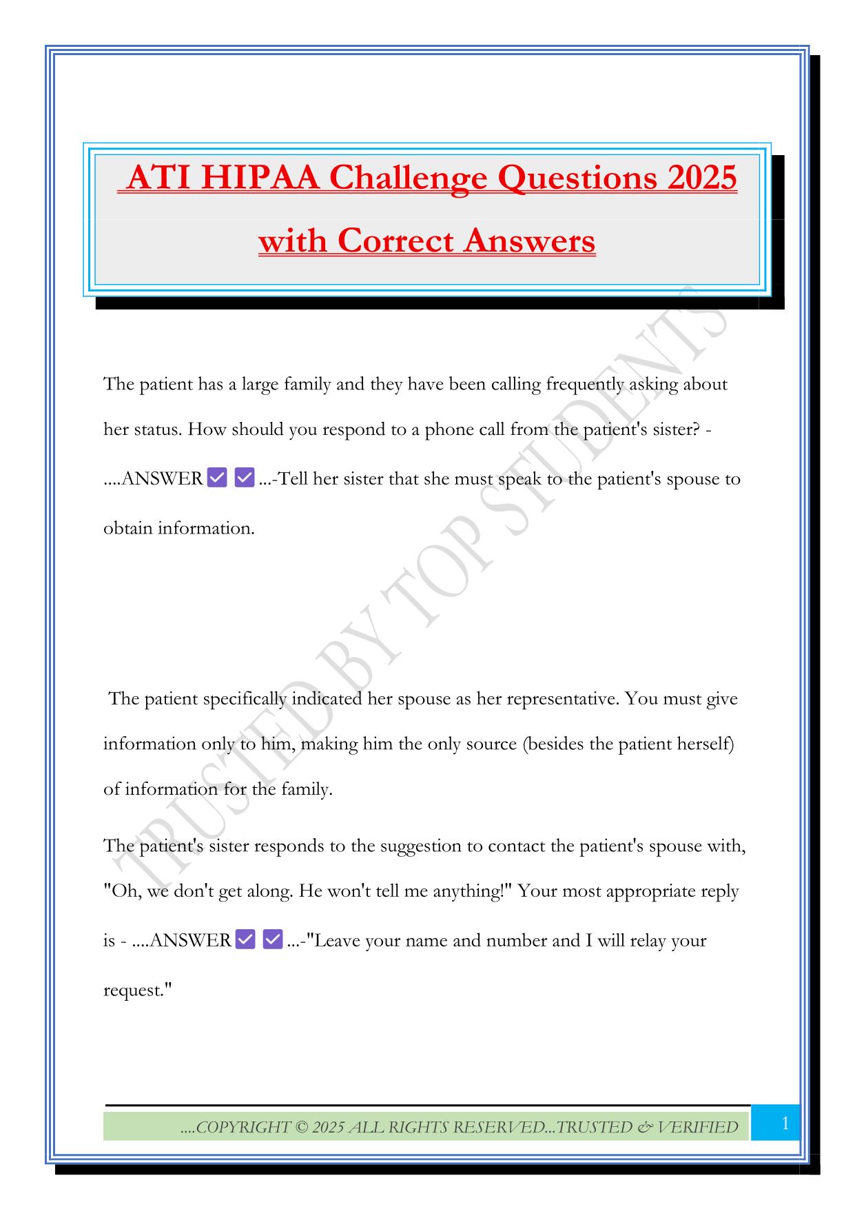 ATI HIPAA Challenge Questions 2025 with Correct Answers
