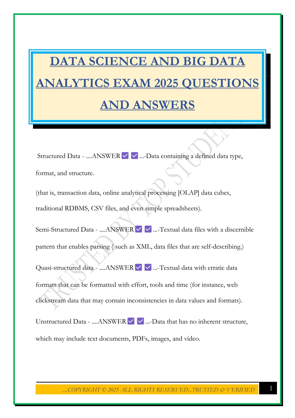 DATA SCIENCE AND BIG DATA ANALYTICS EXAM 2025 QUESTIONS AND ANSWERS