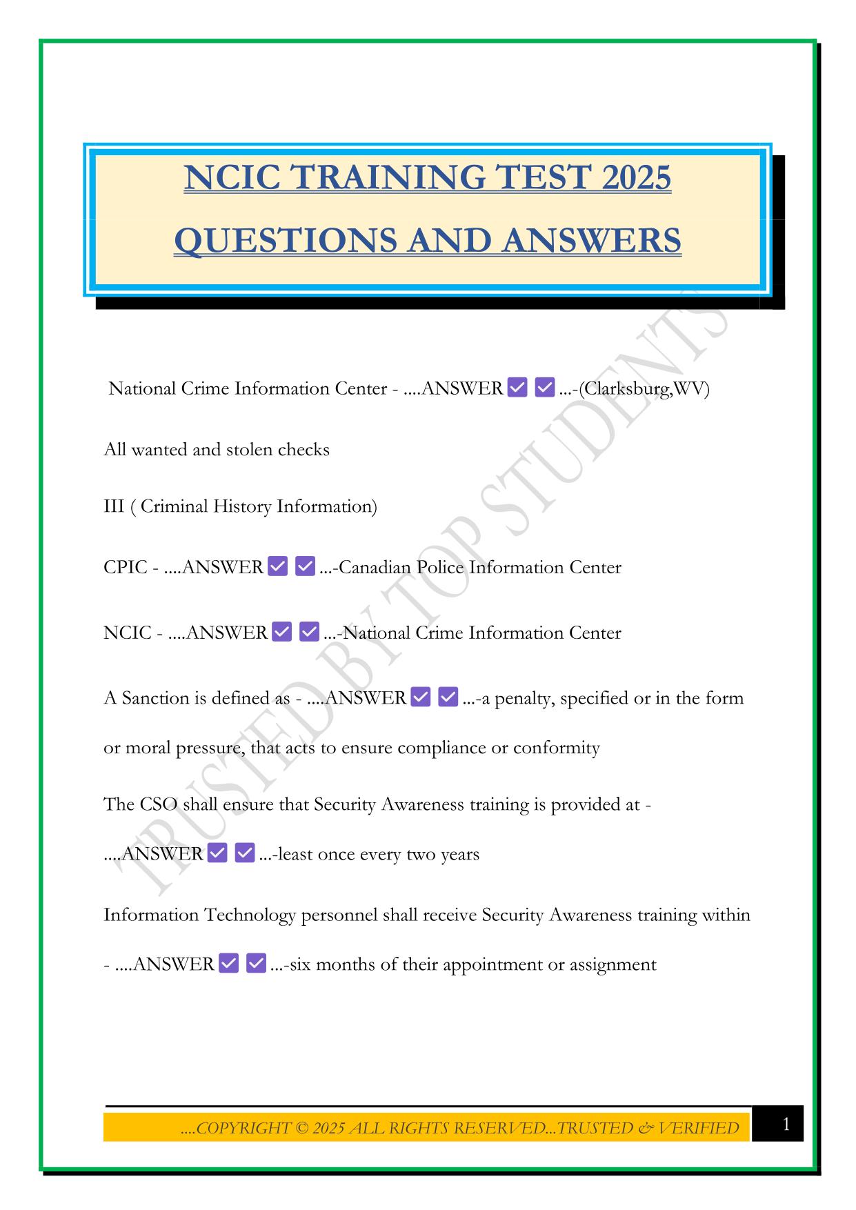 NCIC TRAINING TEST 2025 QUESTIONS AND ANSWERS