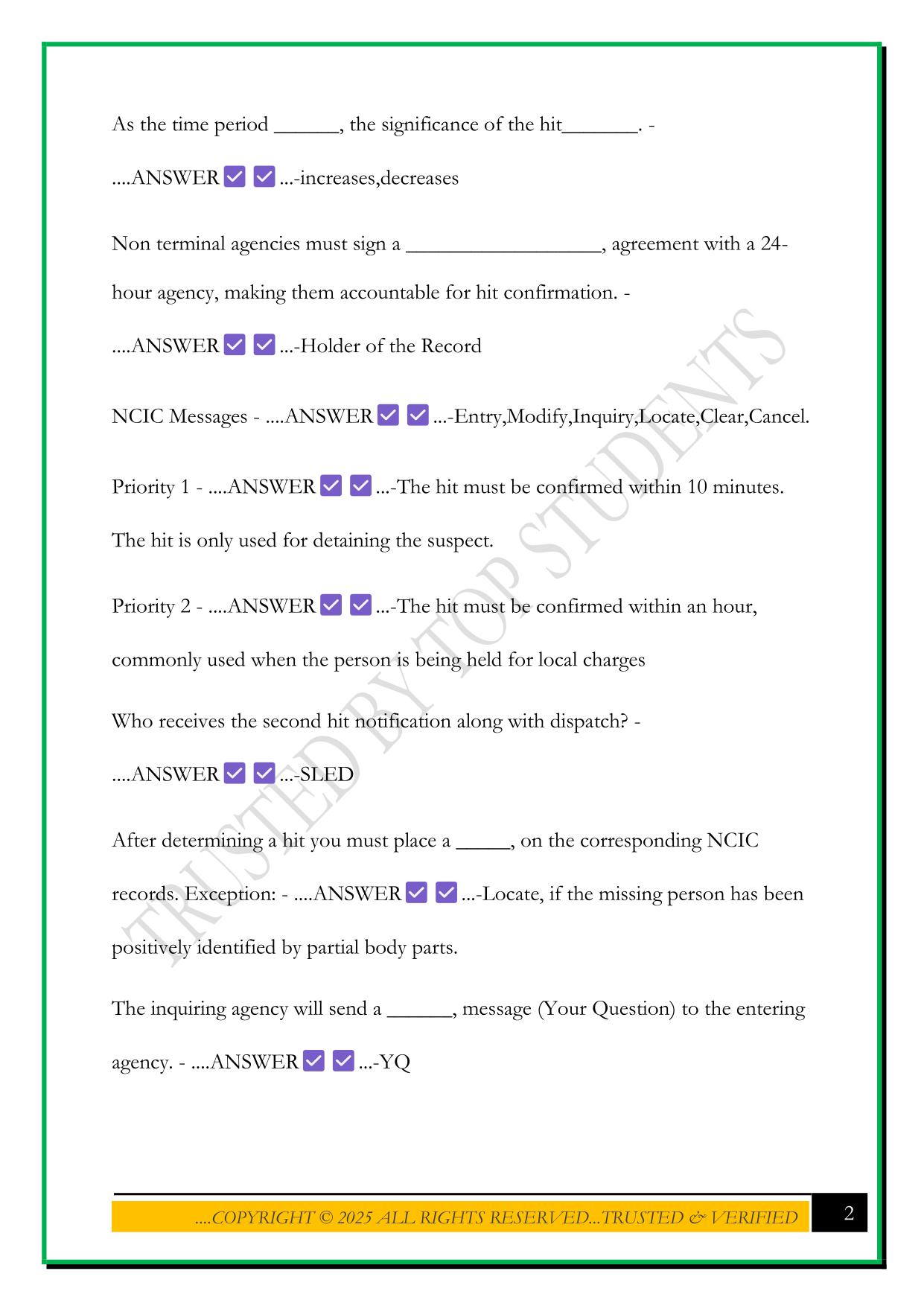 NCIC TRAINING TEST 2025 QUESTIONS AND ANSWERS