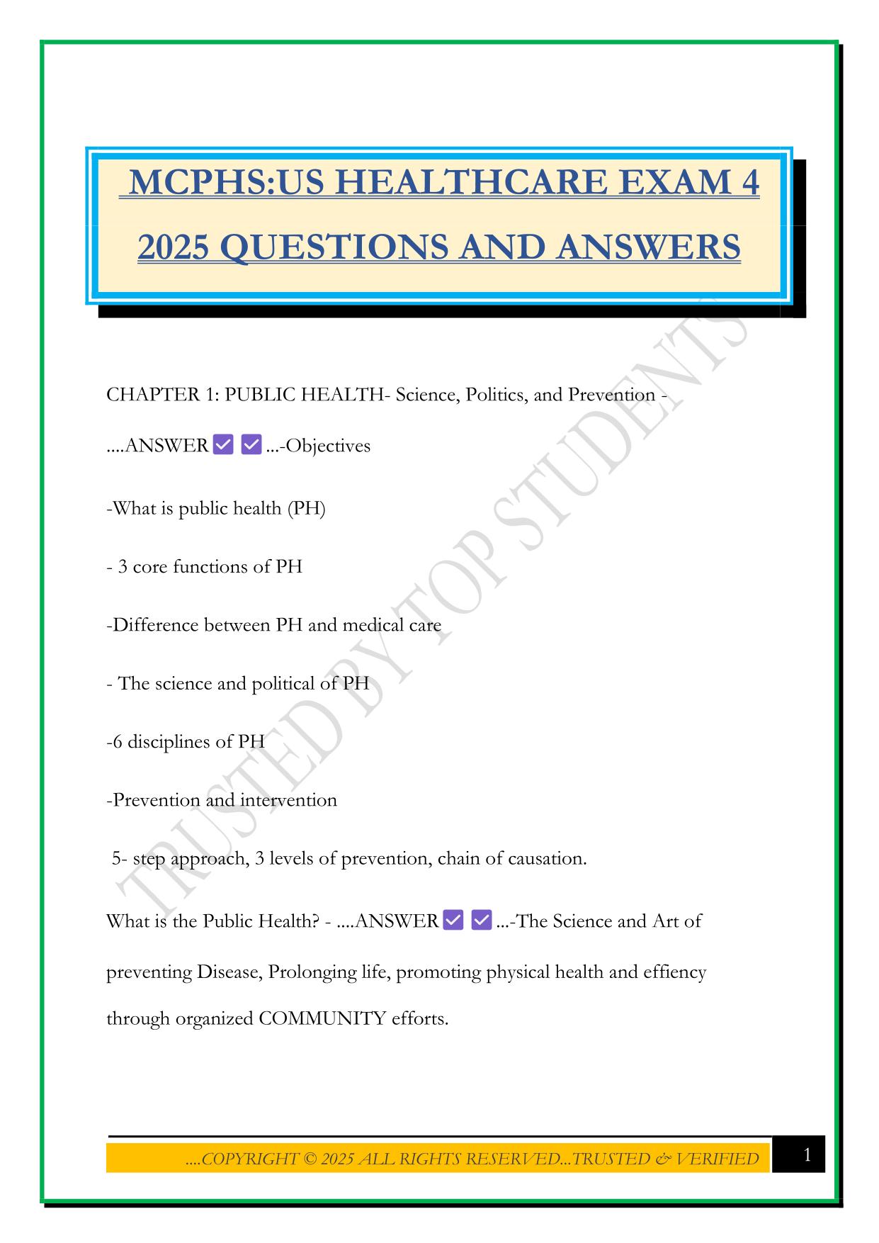 MCPHS:US HEALTHCARE EXAM 4 2025 QUESTIONS AND ANSWERS