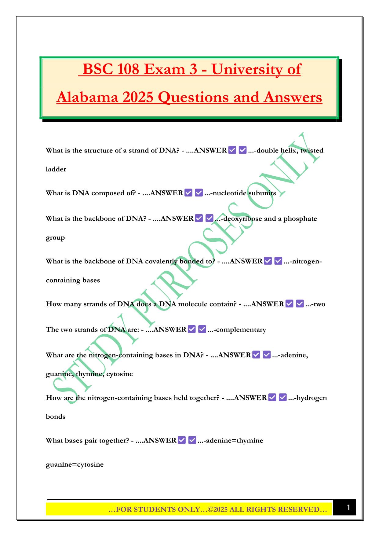BSC 108 Exam 3 - University of Alabama 2025 Questions and Answers