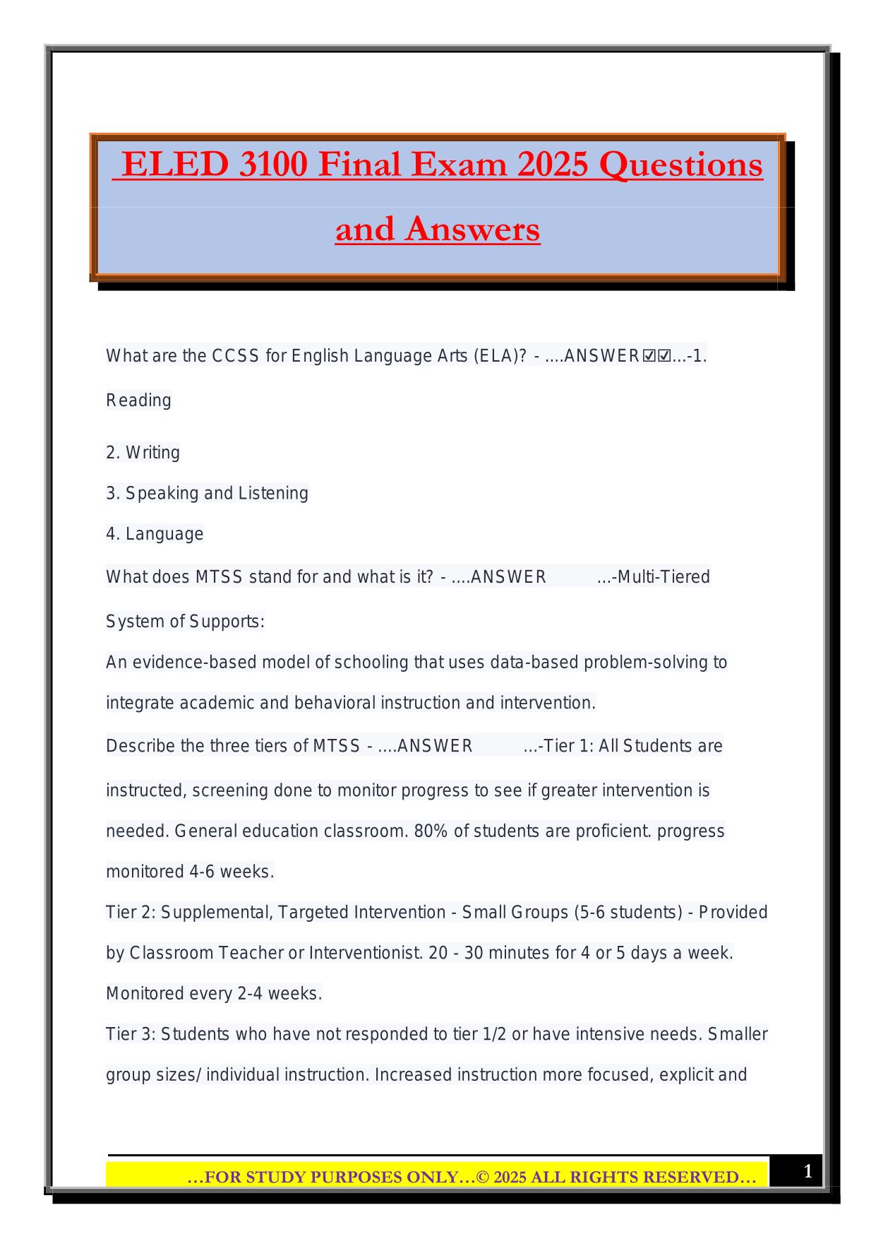 ELED 3100 Final Exam 2025 Questions and Answers