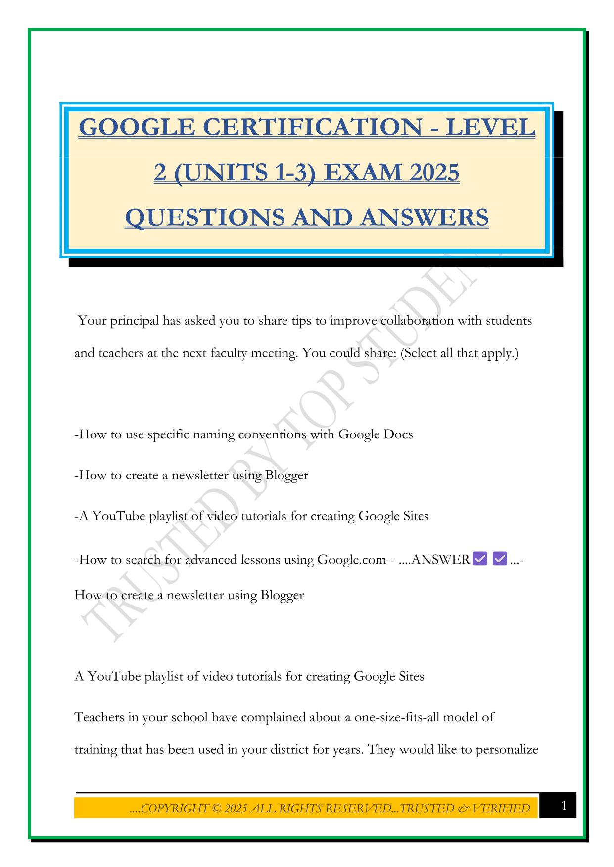 GOOGLE CERTIFICATION - LEVEL 2 (UNITS 1-3) EXAM 2025 QUESTIONS AND ANSWERS