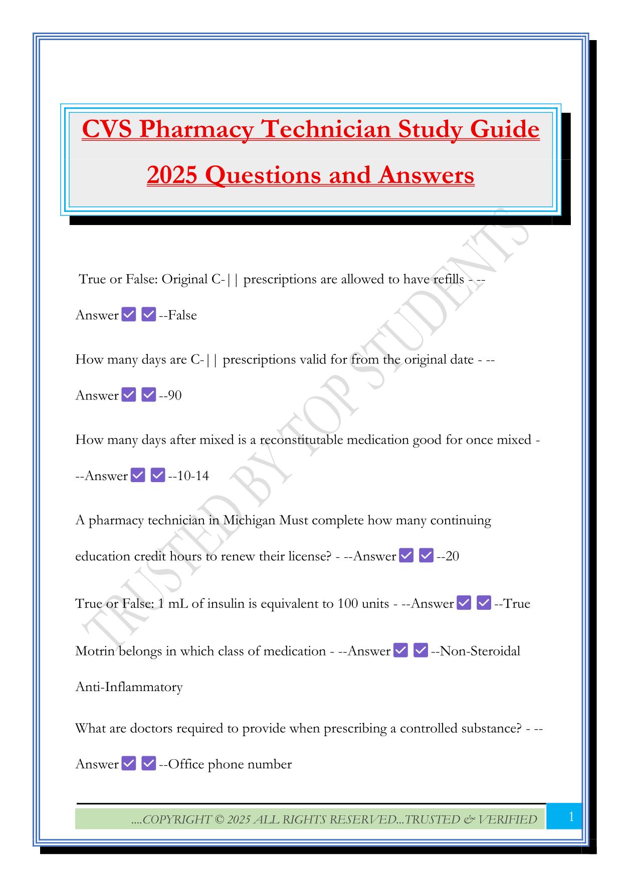 CVS Pharmacy Technician Study Guide 2025 Questions and Answers