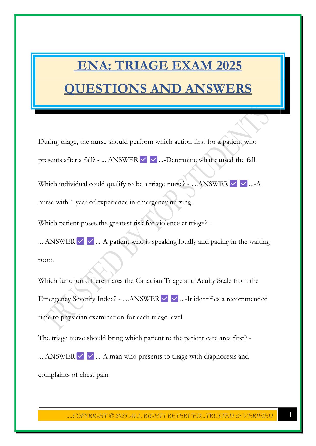 ENA: TRIAGE EXAM 2025 QUESTIONS AND ANSWERS