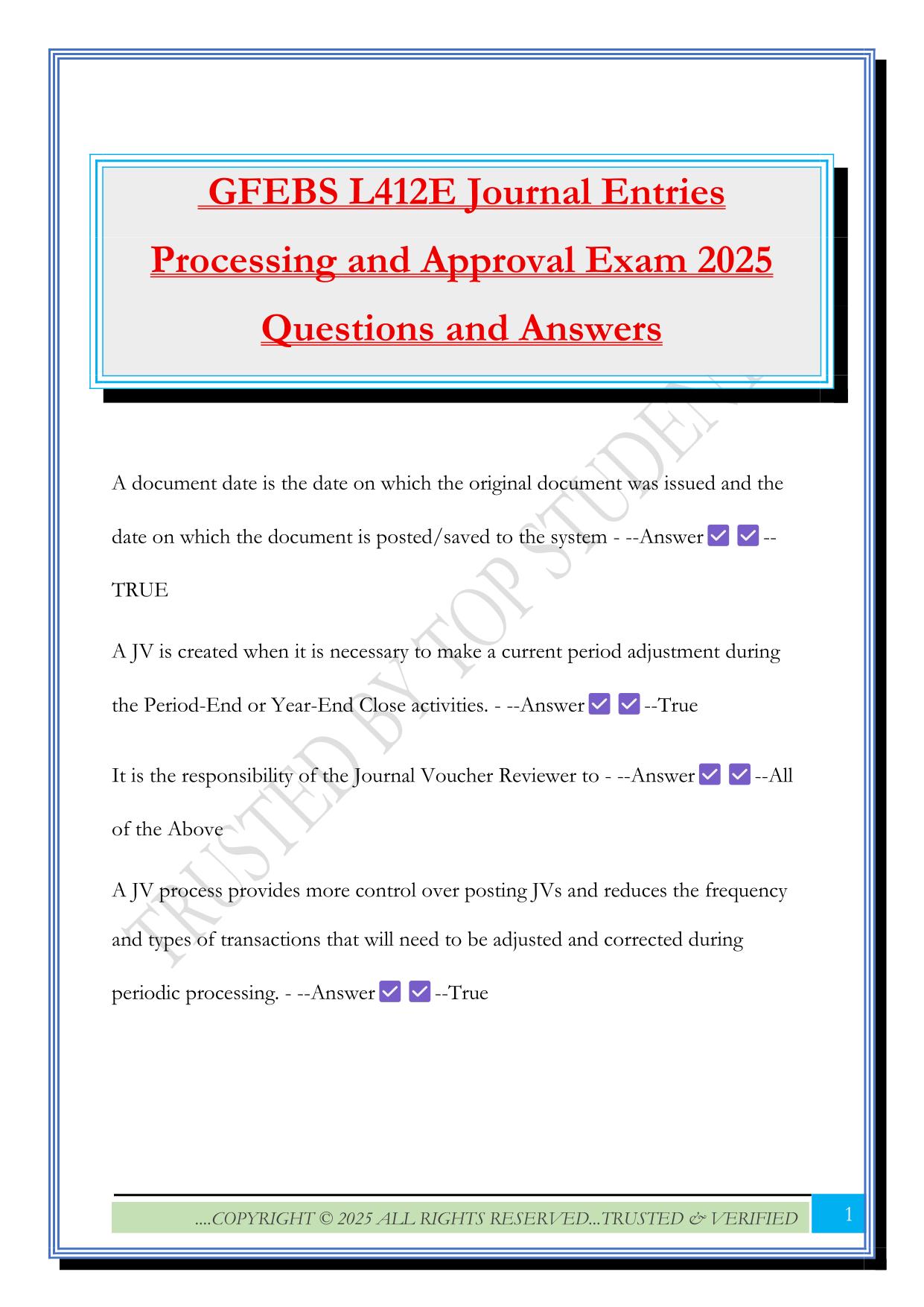 GFEBS L412E Journal Entries Processing and Approval Exam 2025 Questions and Answers