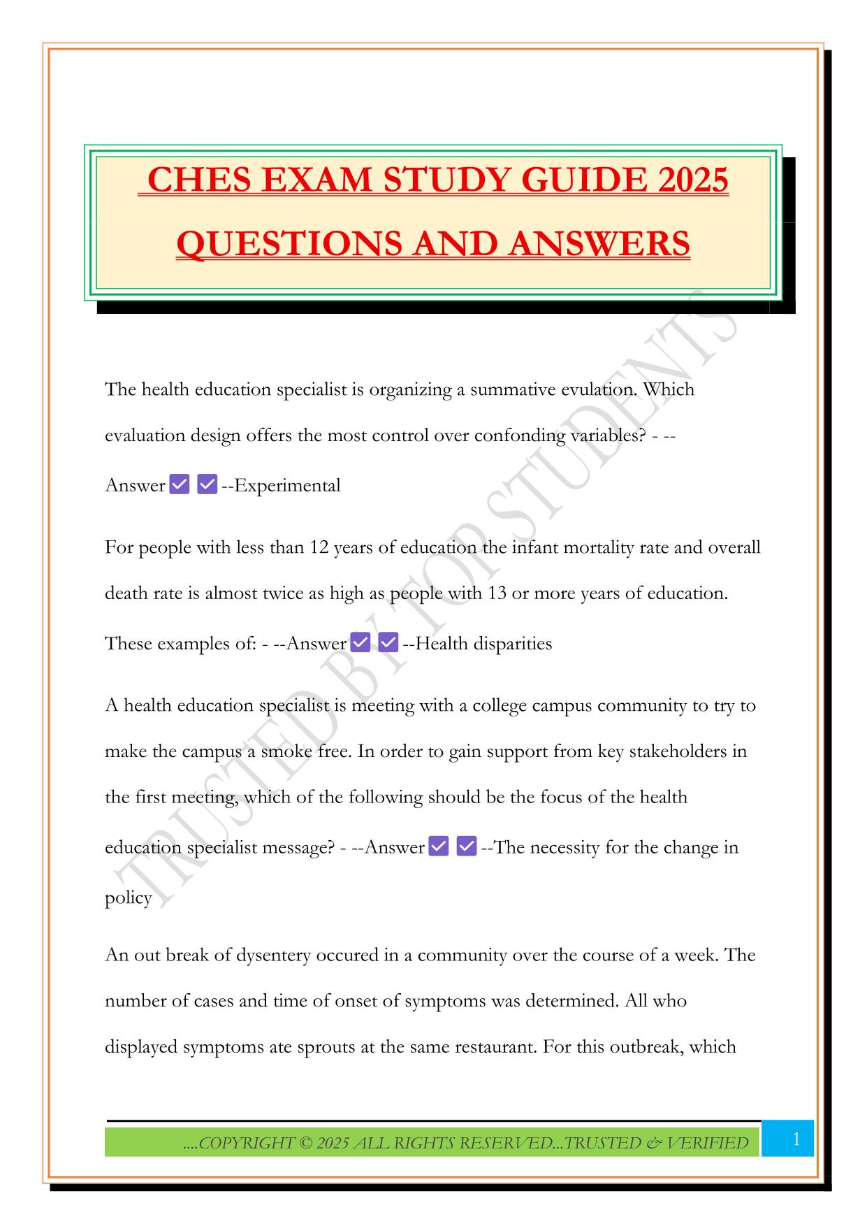 CHES EXAM STUDY GUIDE 2025 QUESTIONS AND ANSWERS