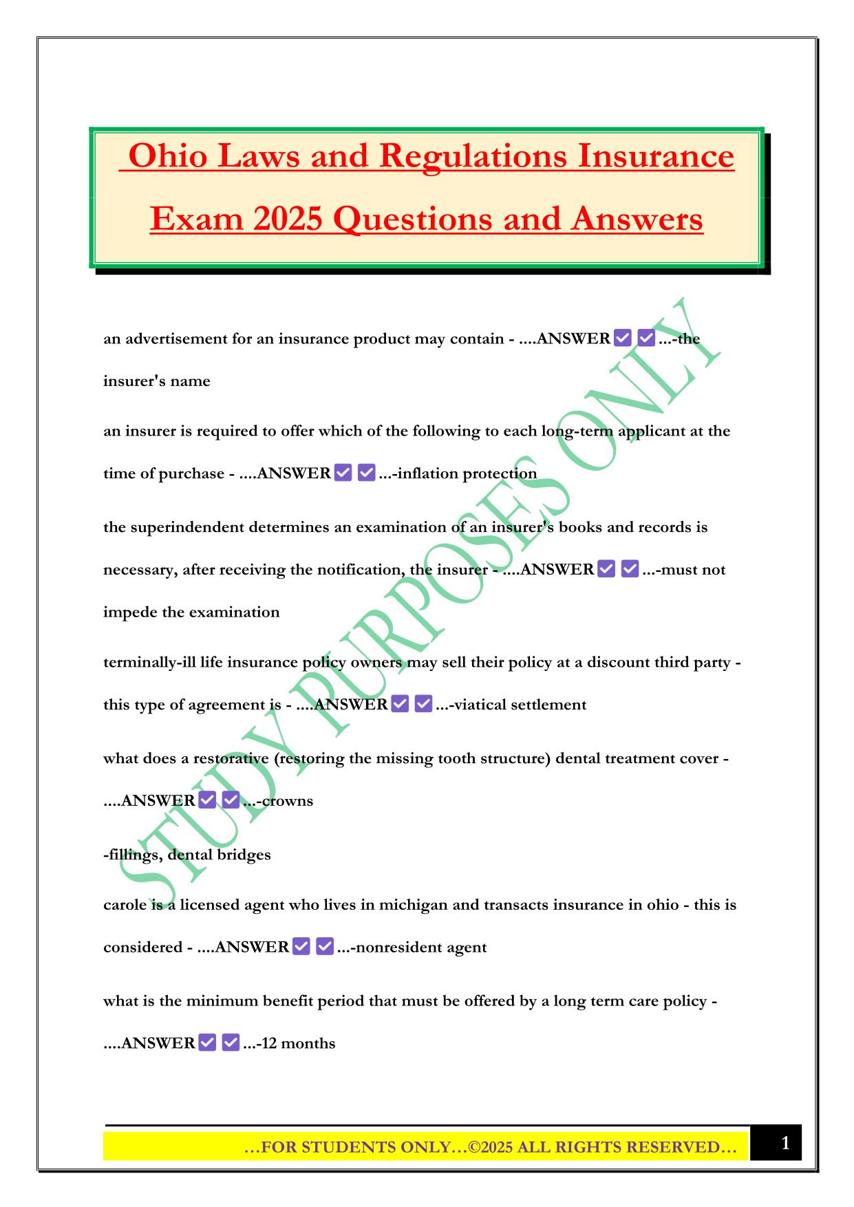 Ohio Laws and Regulations Insurance Exam 2025 Questions and Answers