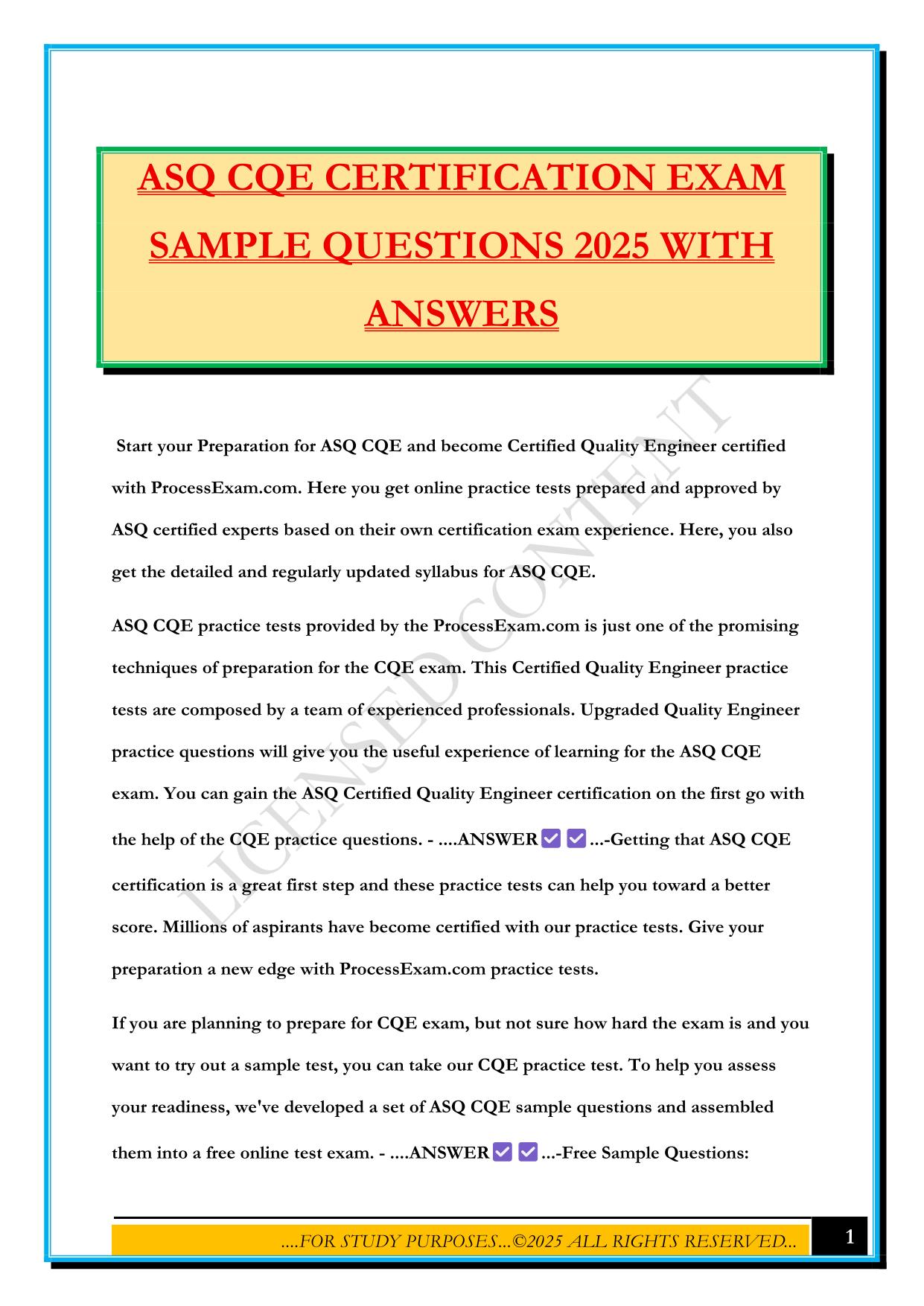 ASQ CQE CERTIFICATION EXAM SAMPLE QUESTIONS 2025 WITH ANSWERS