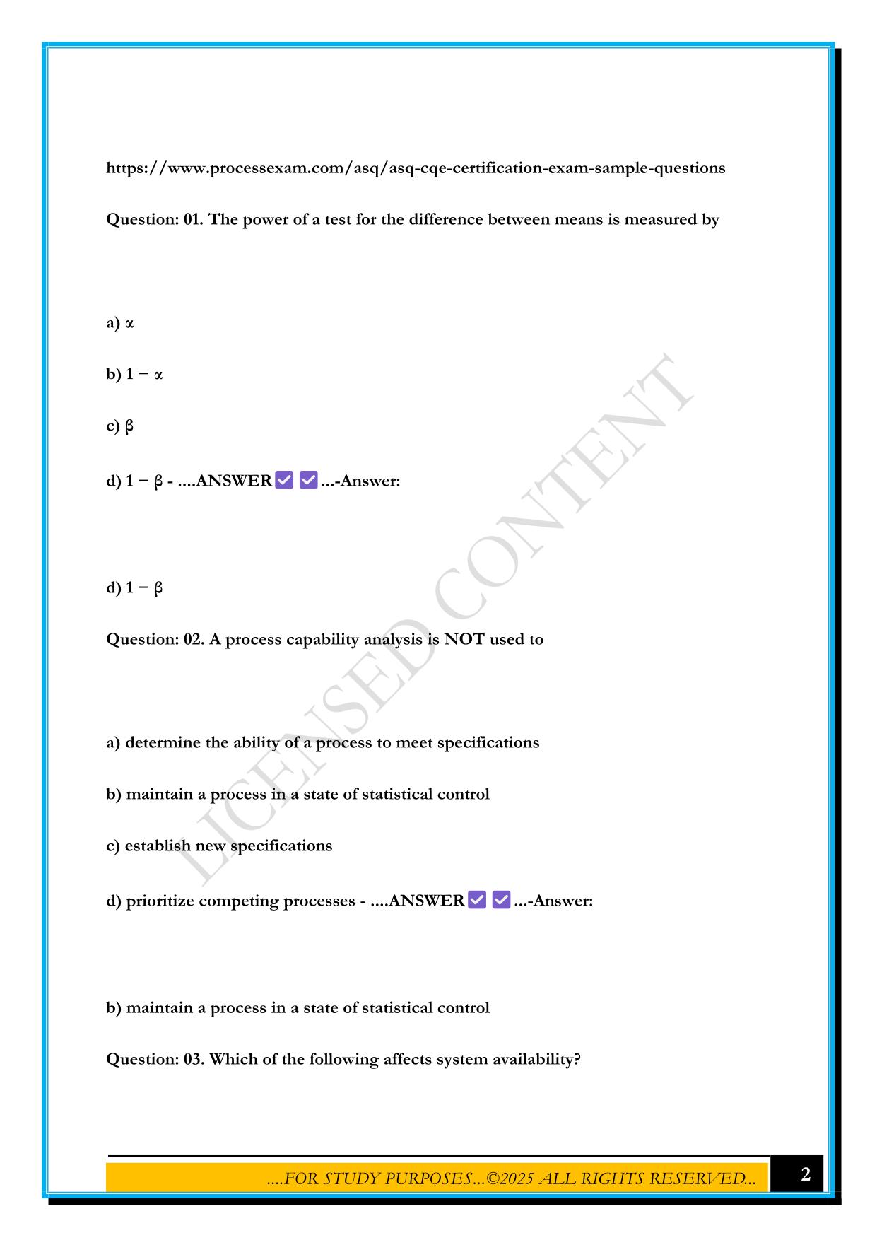 ASQ CQE CERTIFICATION EXAM SAMPLE QUESTIONS 2025 WITH ANSWERS