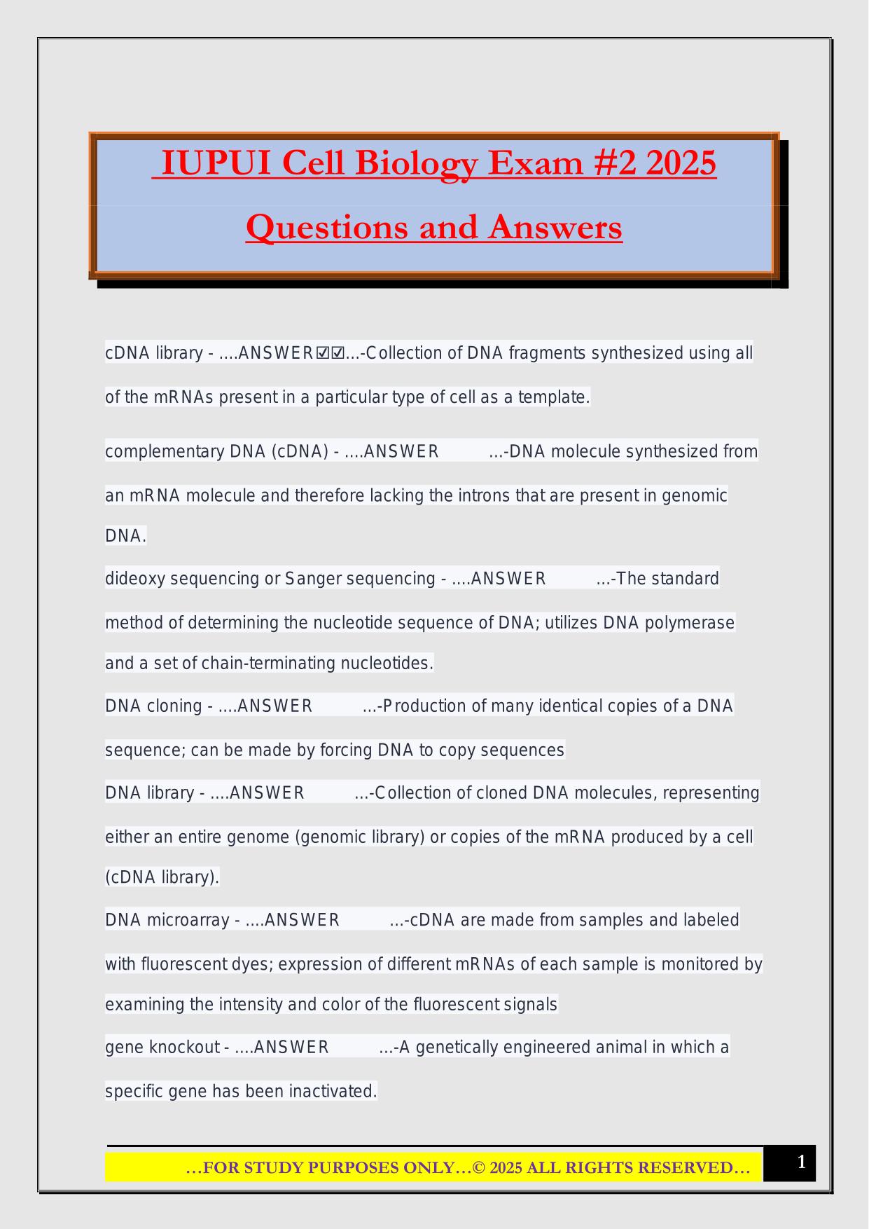 IUPUI Cell Biology Exam #2 2025 Questions and Answers