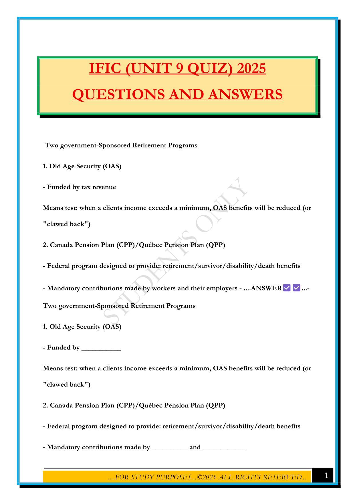 IFIC (UNIT 9 QUIZ) 2025 QUESTIONS AND ANSWERS