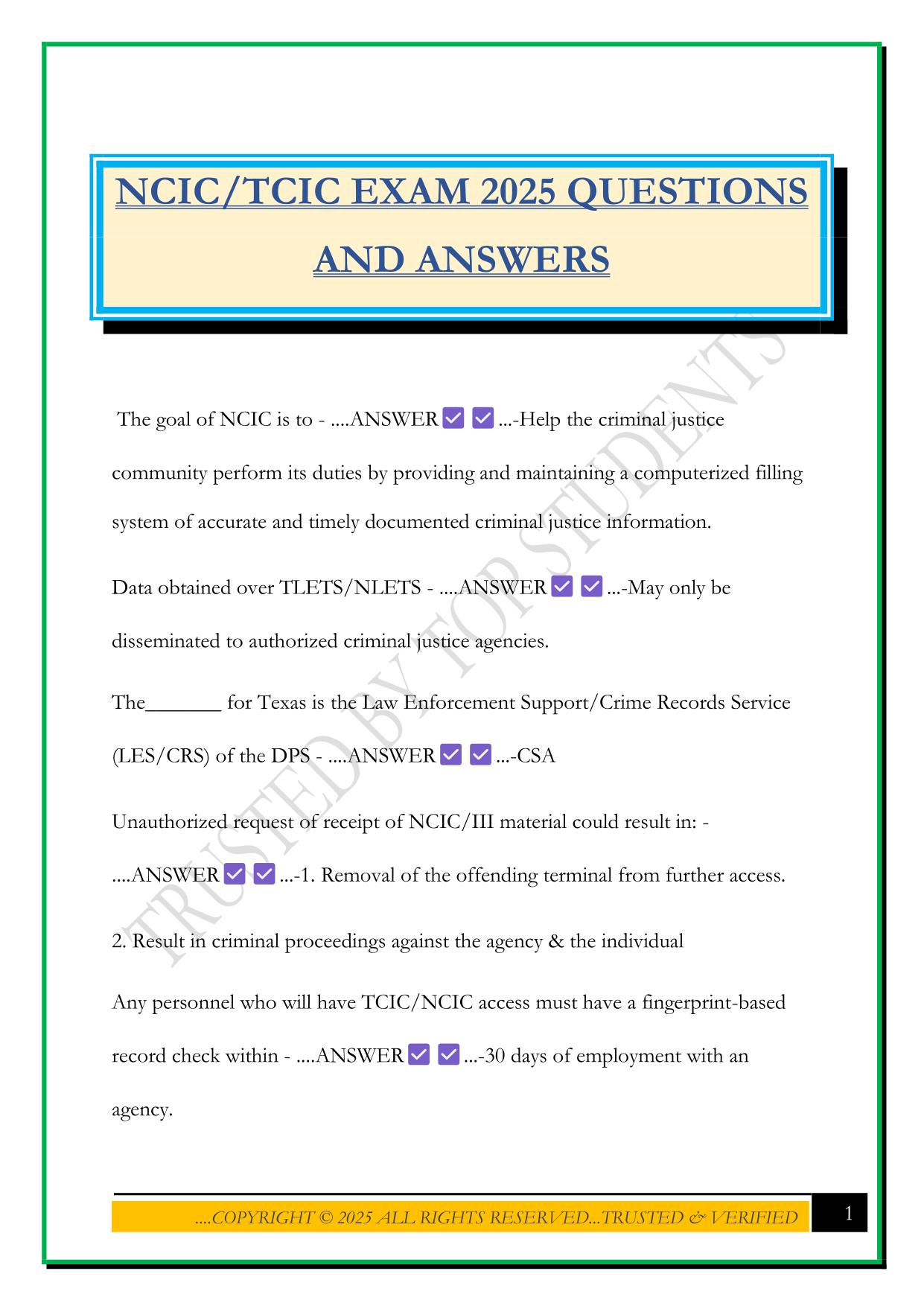 NCIC/TCIC EXAM 2025 QUESTIONS AND ANSWERS