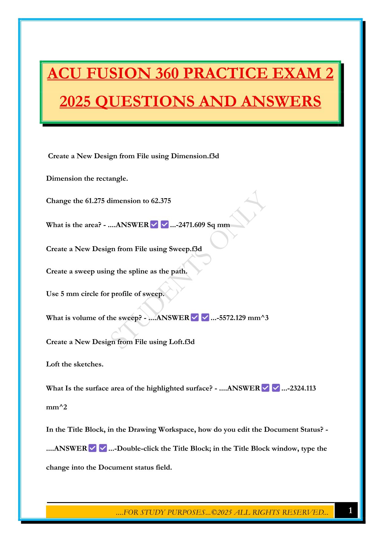 ACU FUSION 360 PRACTICE EXAM 2 2025 QUESTIONS AND ANSWERS