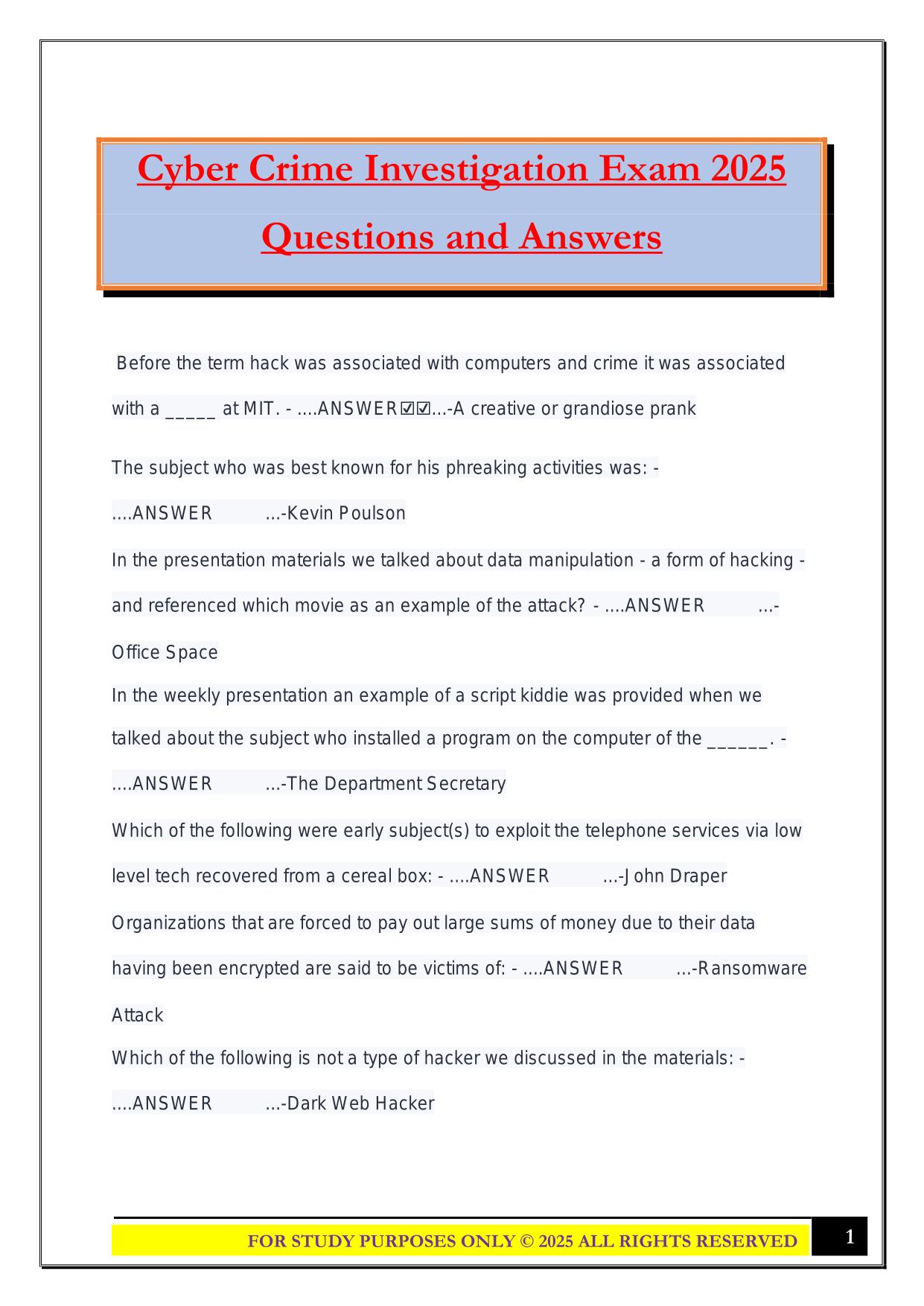 Cyber Crime Investigation Exam 2025 Questions and Answers