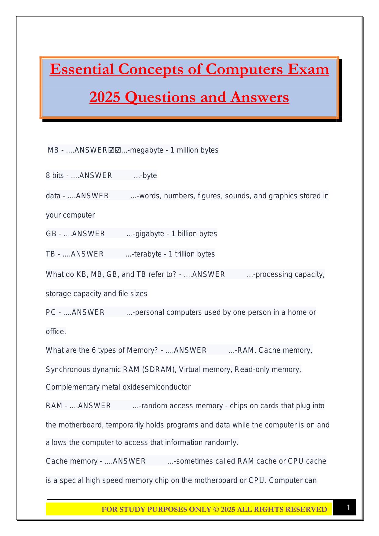 Essential Concepts of Computers Exam 2025 Questions and Answers