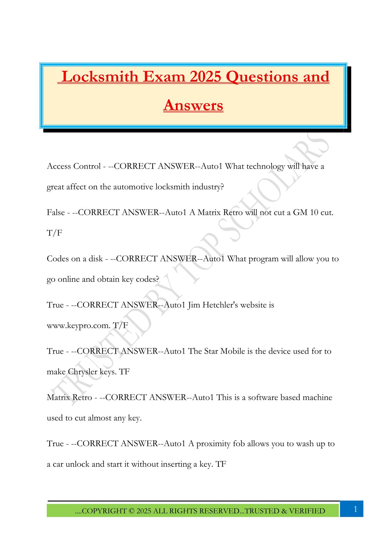 Locksmith Exam 2025 Questions and Answers