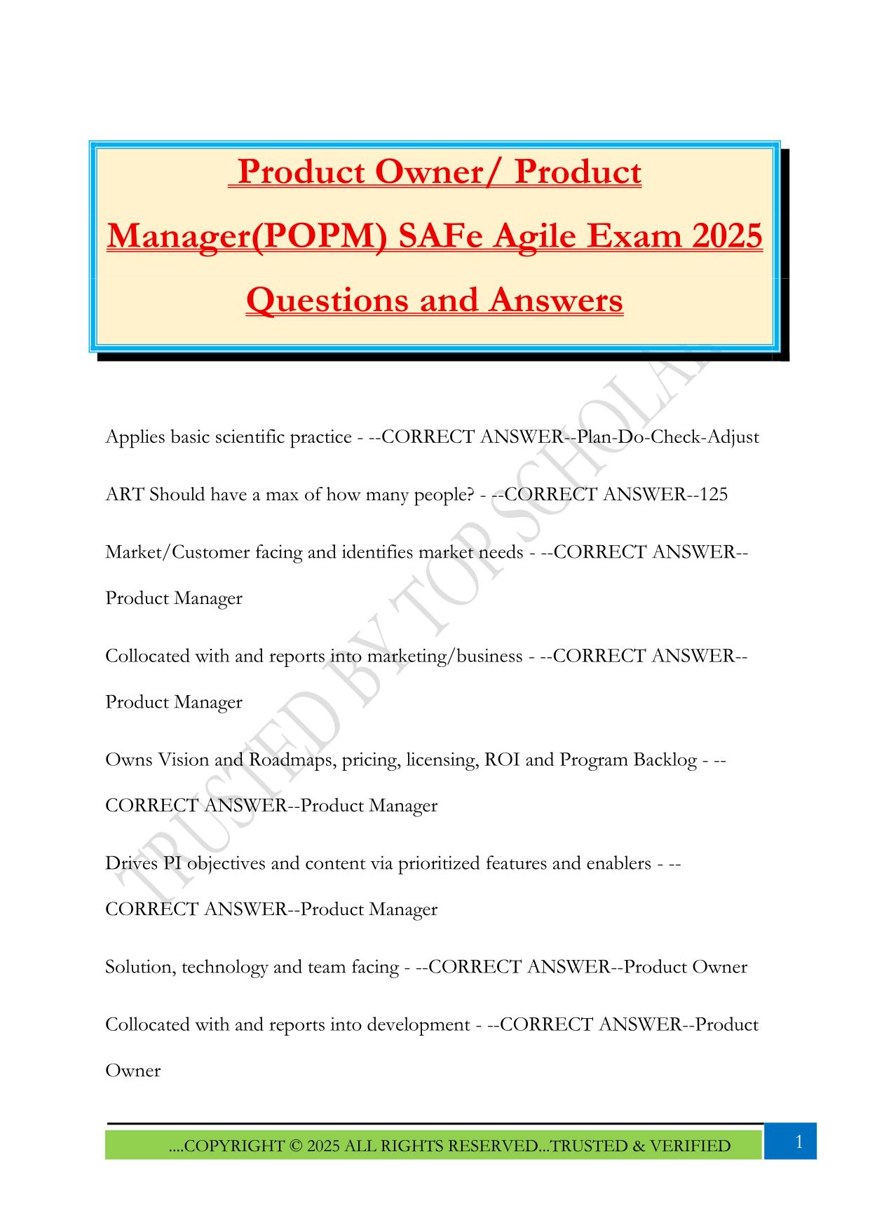 Product Owner/ Product Manager(POPM) SAFe Agile Exam 2025 Questions and Answers