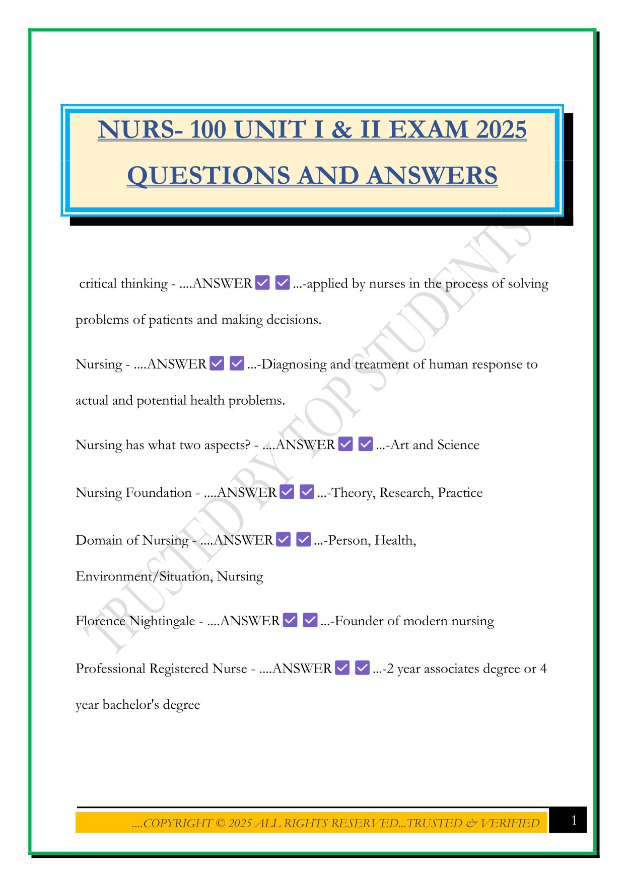 NURS- 100 UNIT I & II EXAM 2025 QUESTIONS AND ANSWERS