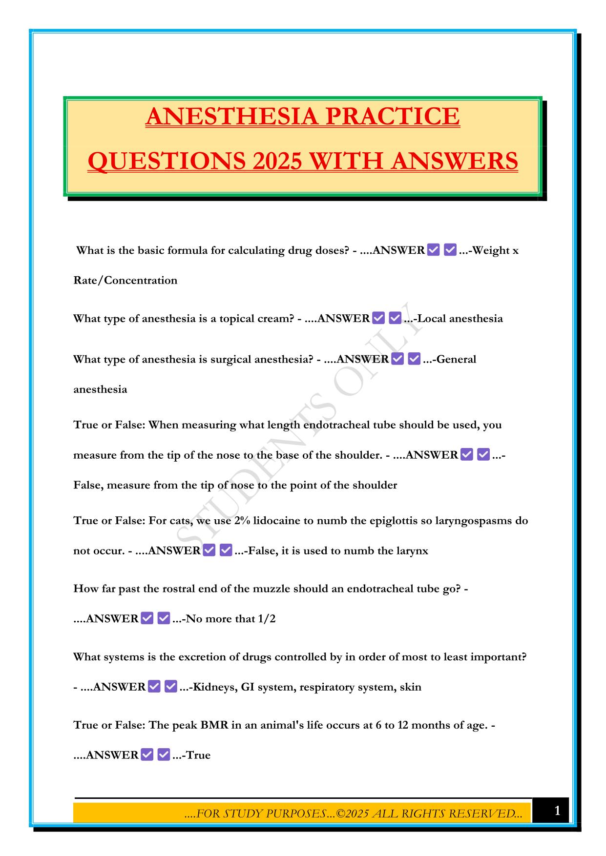 ANESTHESIA PRACTICE QUESTIONS 2025 WITH ANSWERS