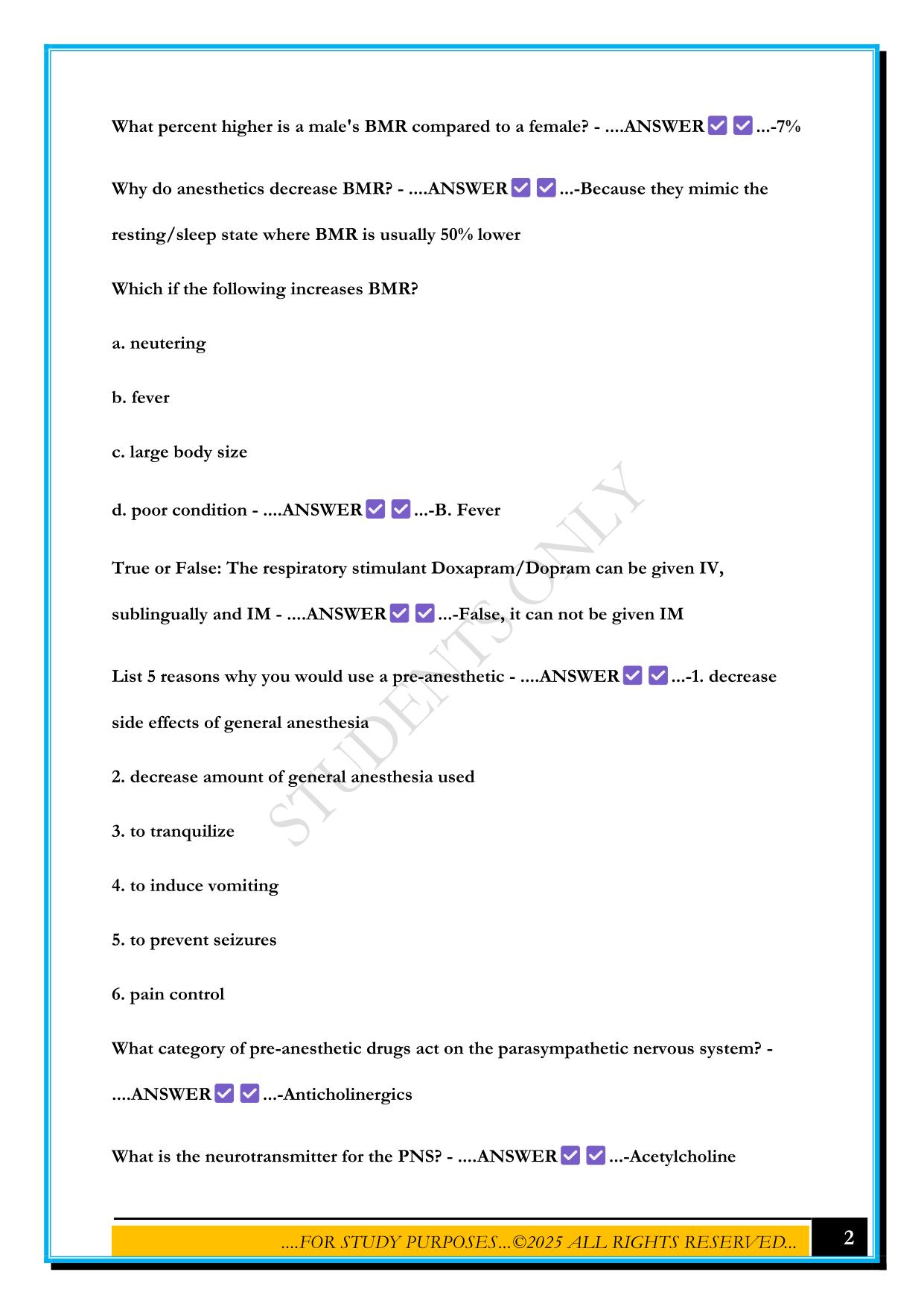 ANESTHESIA PRACTICE QUESTIONS 2025 WITH ANSWERS