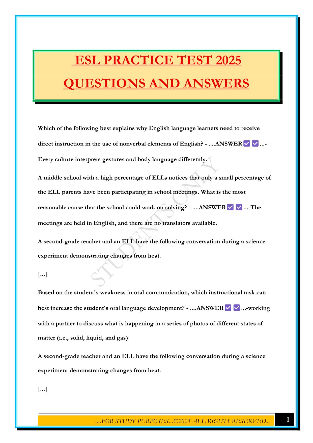 ESL PRACTICE TEST 2025 QUESTIONS AND ANSWERS