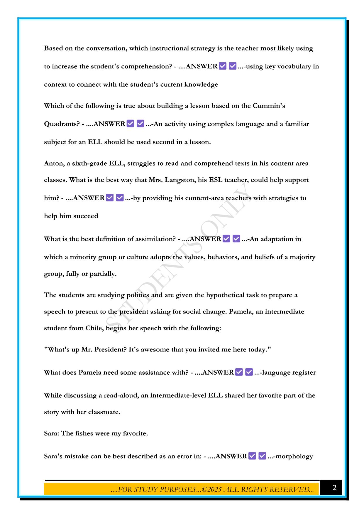 ESL PRACTICE TEST 2025 QUESTIONS AND ANSWERS
