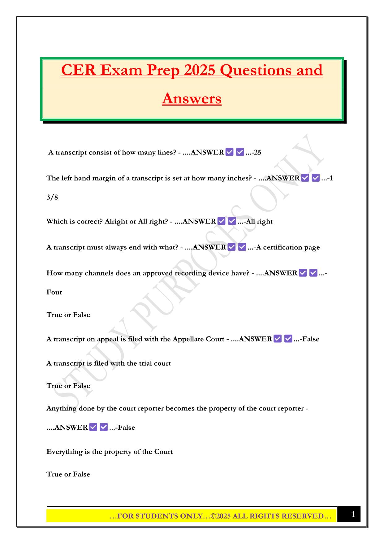 CER Exam Prep 2025 Questions and Answers