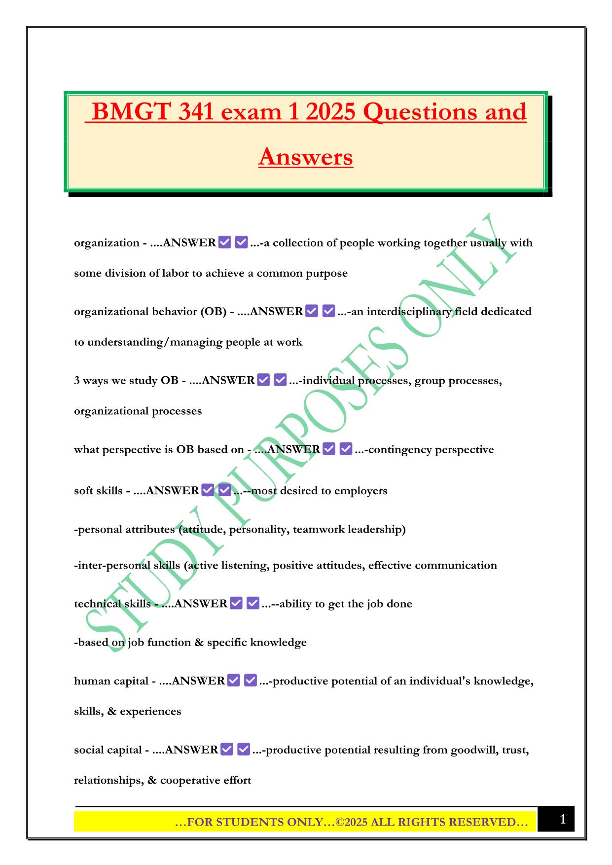 BMGT 341 exam 1 2025 Questions and Answers