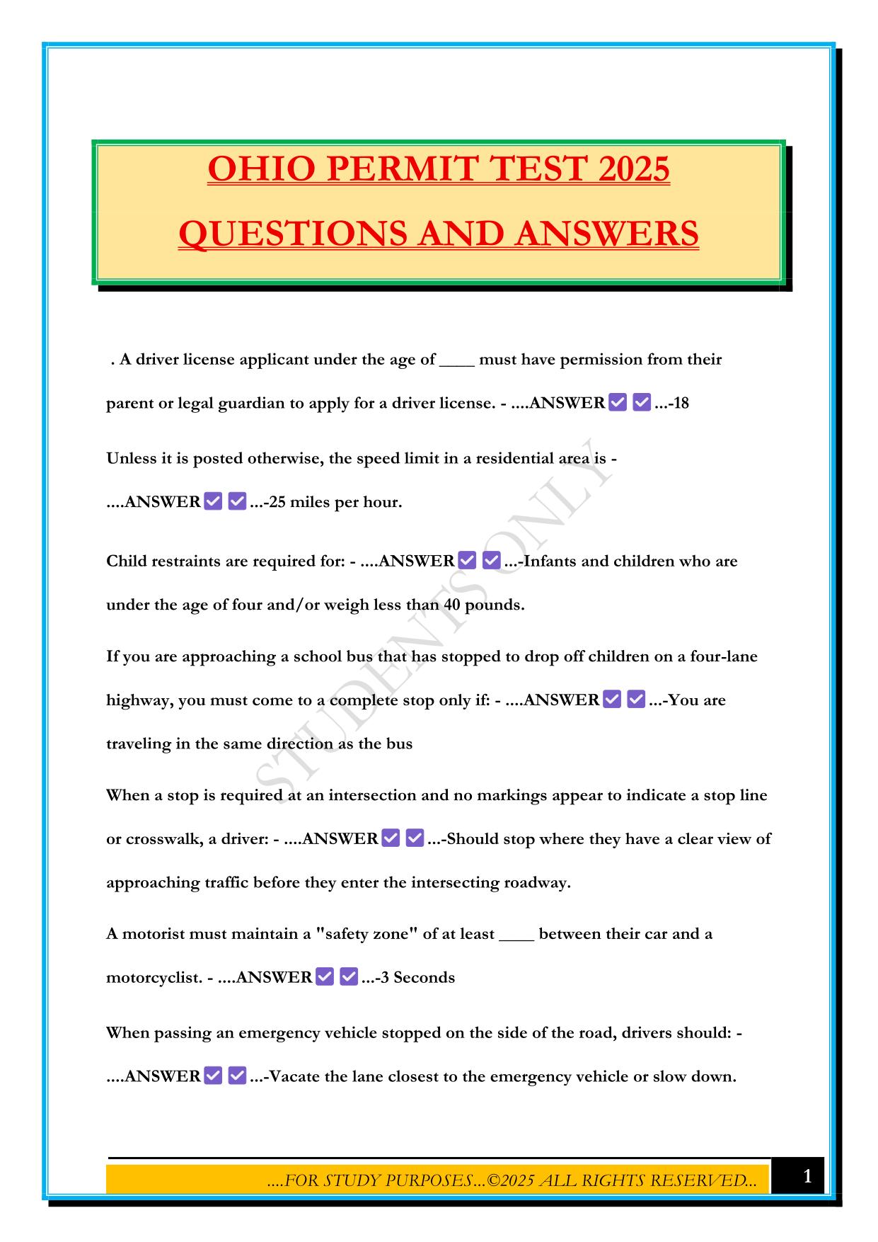 OHIO PERMIT TEST 2025 QUESTIONS AND ANSWERS