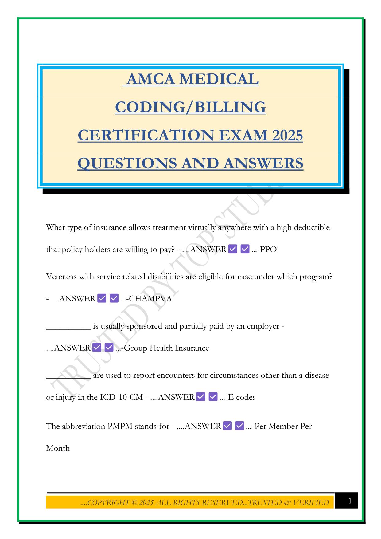 AMCA MEDICAL CODING/BILLING CERTIFICATION EXAM 2025 QUESTIONS AND ANSWERS