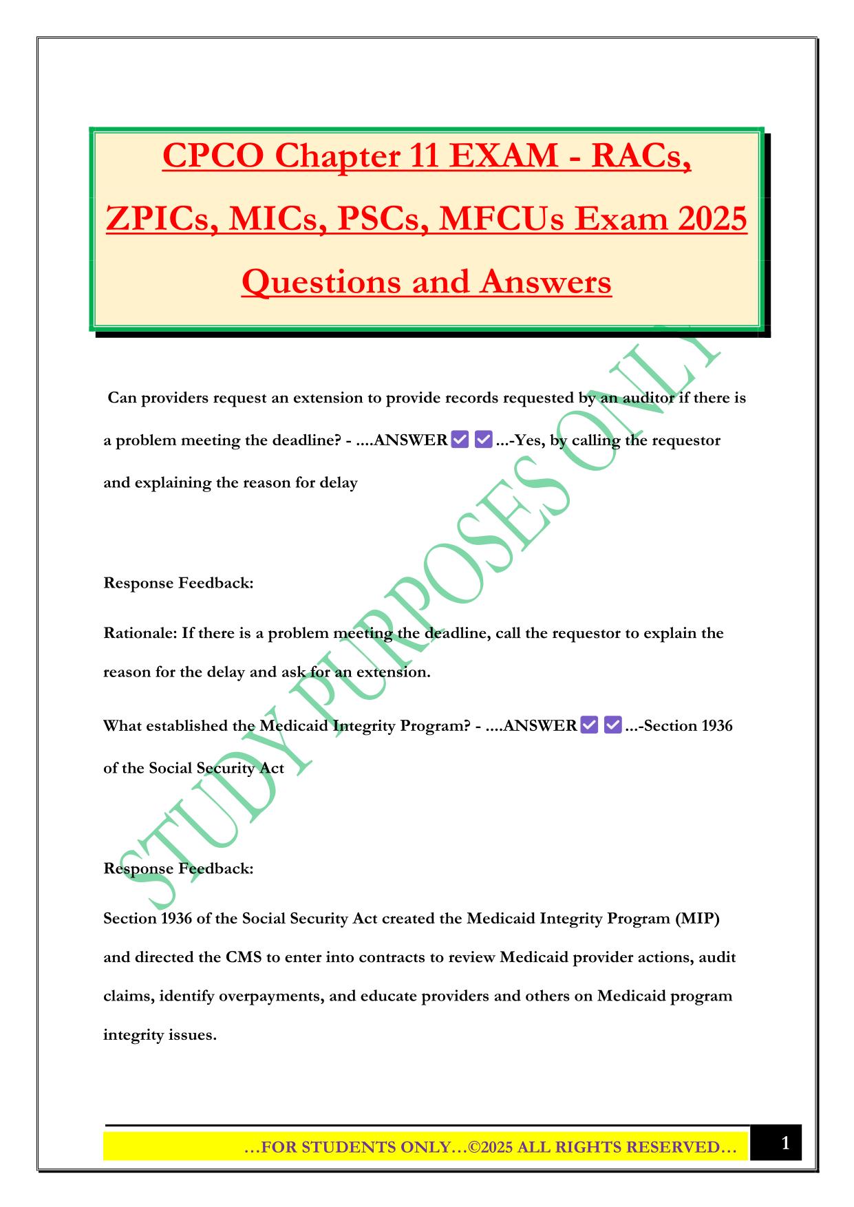 CPCO Chapter 11 EXAM - RACs, ZPICs, MICs, PSCs, MFCUs Exam 2025 Questions and Answers