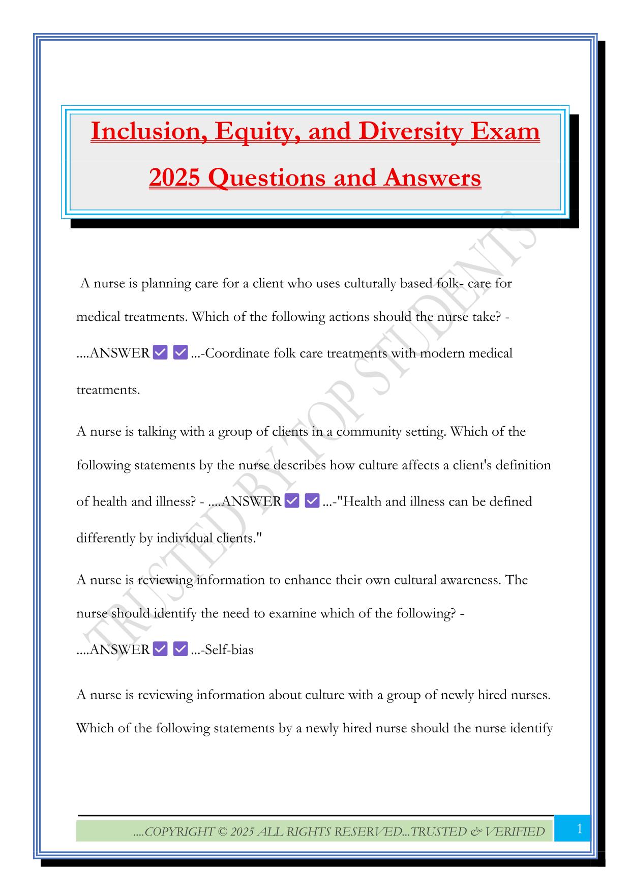 Inclusion, Equity, and Diversity Exam 2025 Questions and Answers
