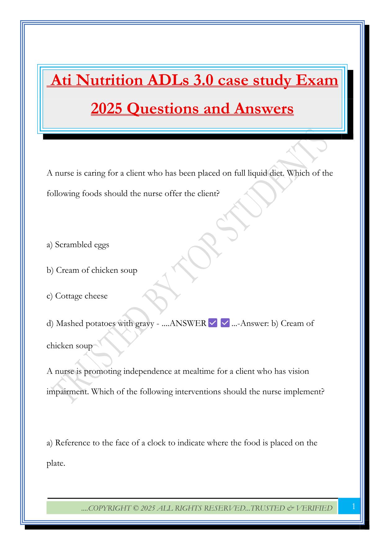 Ati Nutrition ADLs 3.0 case study Exam 2025 Questions and Answers