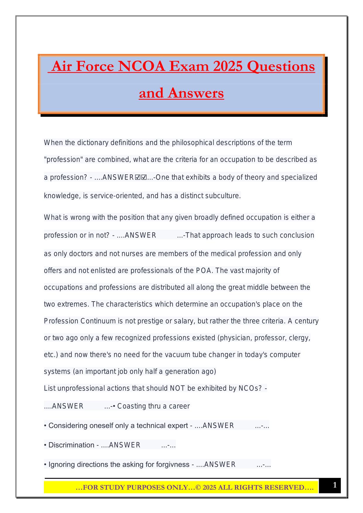 Air Force NCOA Exam 2025 Questions and Answers