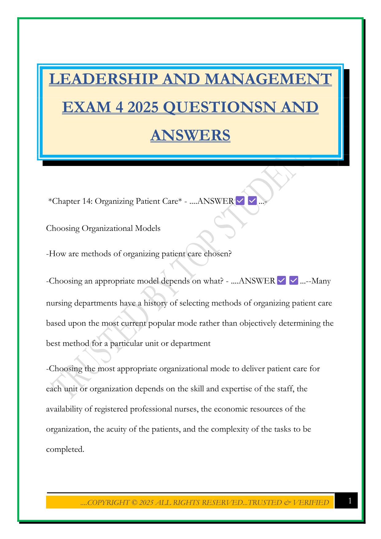 LEADERSHIP AND MANAGEMENT EXAM 4 2025 QUESTIONSN AND ANSWERS