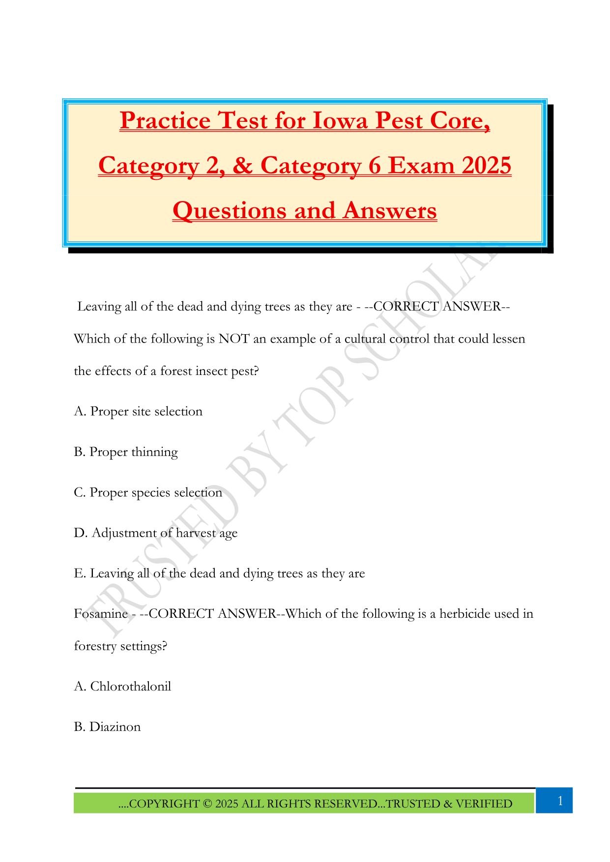 Practice Test for Iowa Pest Core, Category 2, & Category 6 Exam 2025 Questions and Answers