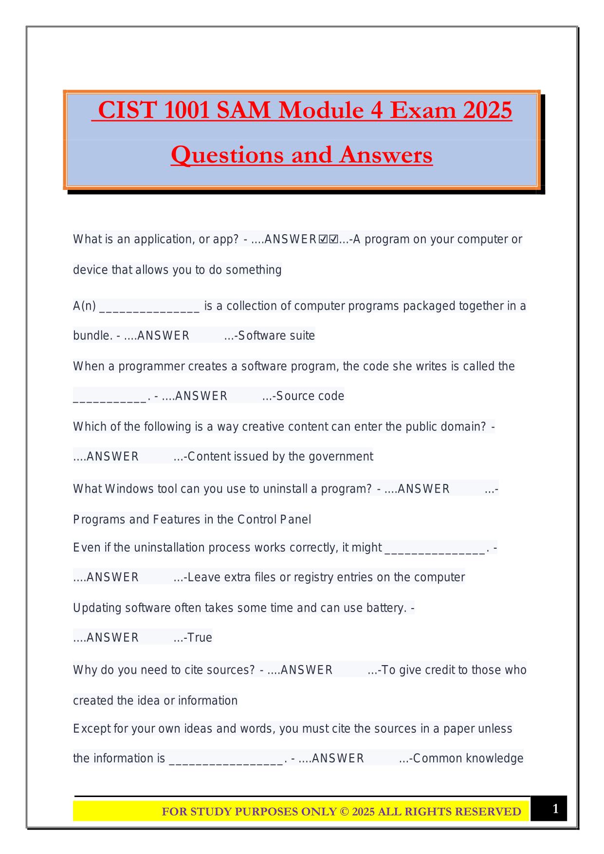 CIST 1001 SAM Module 4 Exam 2025 Questions and Answers