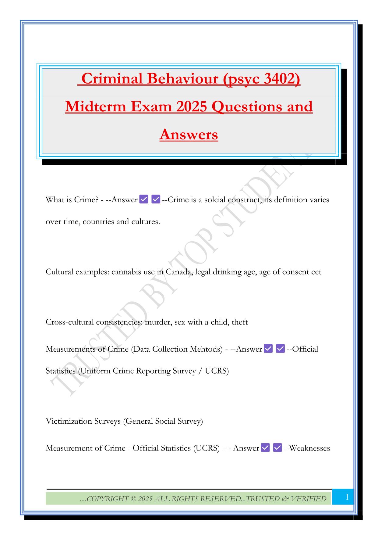 Criminal Behaviour (psyc 3402) Midterm Exam 2025 Questions and Answers