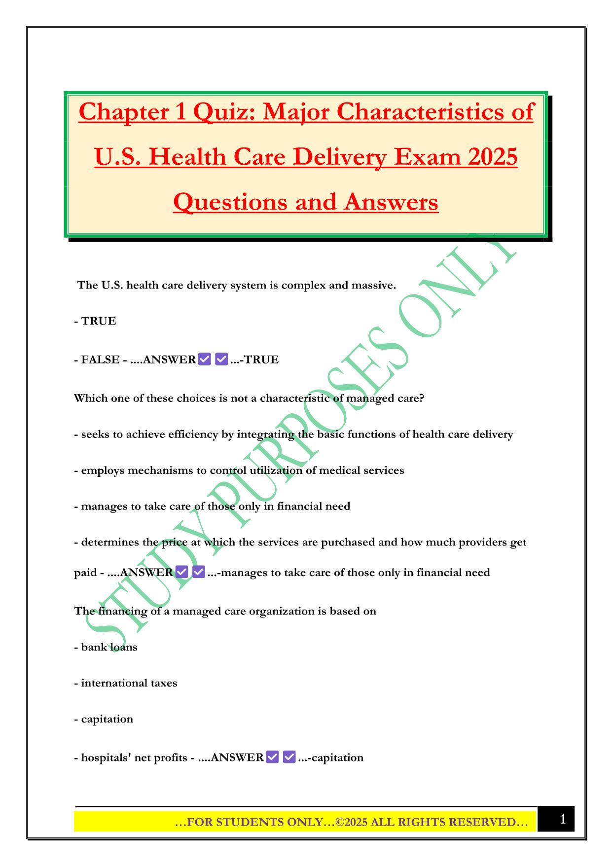 Chapter 1 Quiz: Major Characteristics of U.S. Health Care Delivery Exam 2025 Questions and Answers