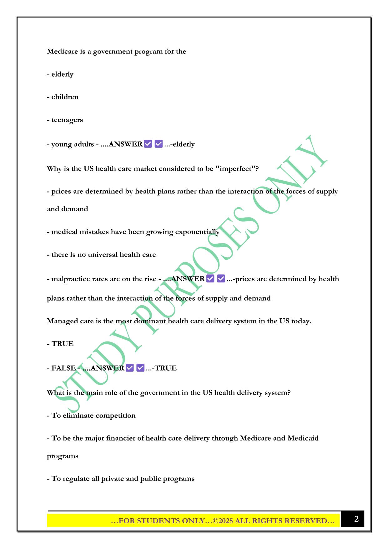 Chapter 1 Quiz: Major Characteristics of U.S. Health Care Delivery Exam 2025 Questions and Answers