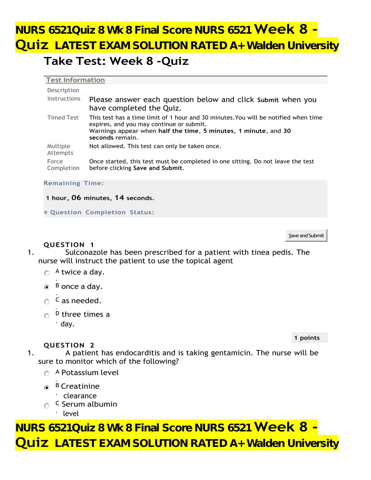 NURS 6521 Quiz 8 Wk 8 Final Score NURS 6521 Week 8 - Quiz LATEST EXAM SOLUTION RATED A+ Walden University