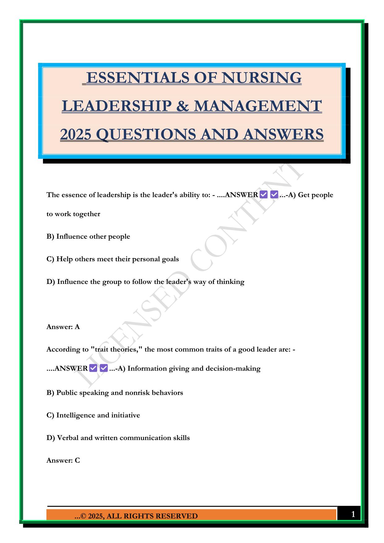 ESSENTIALS OF NURSING LEADERSHIP & MANAGEMENT 2025 QUESTIONS AND ANSWERS