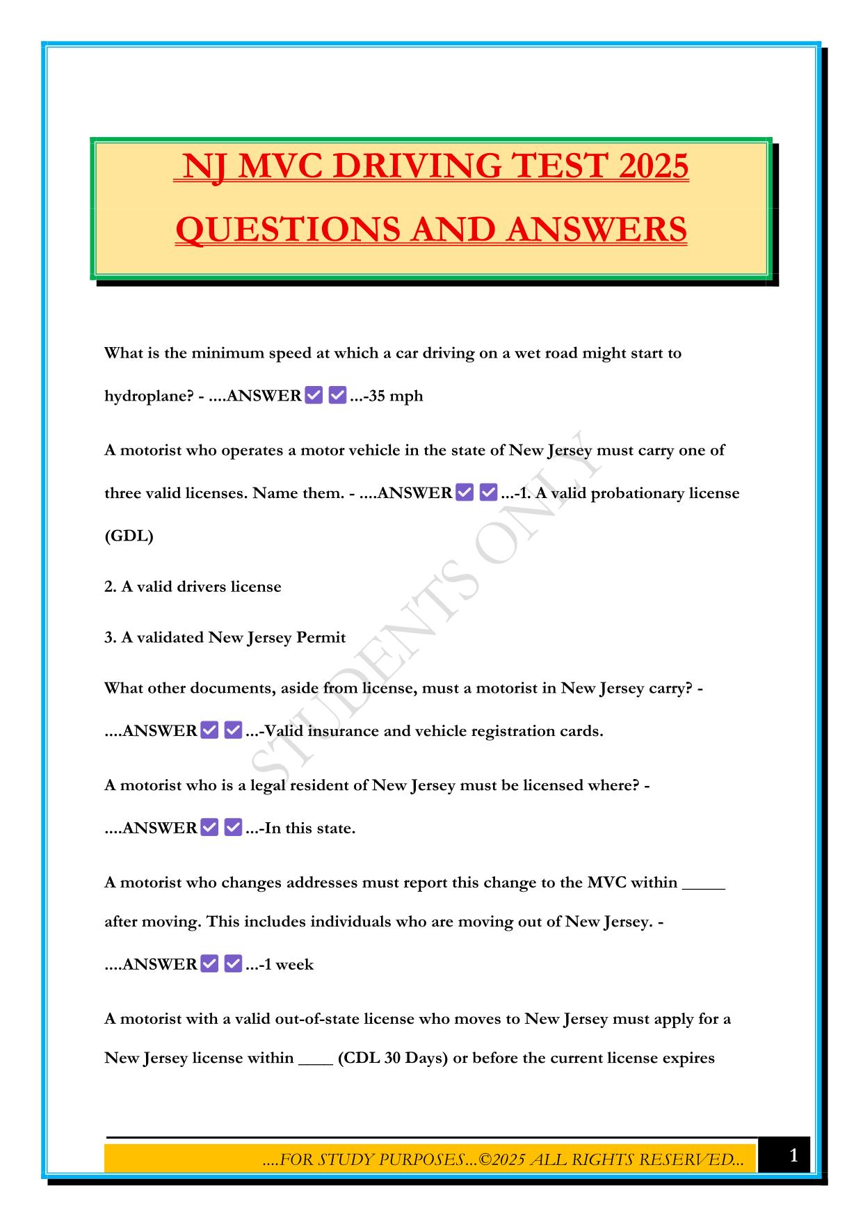NJ MVC DRIVING TEST 2025 QUESTIONS AND ANSWERS