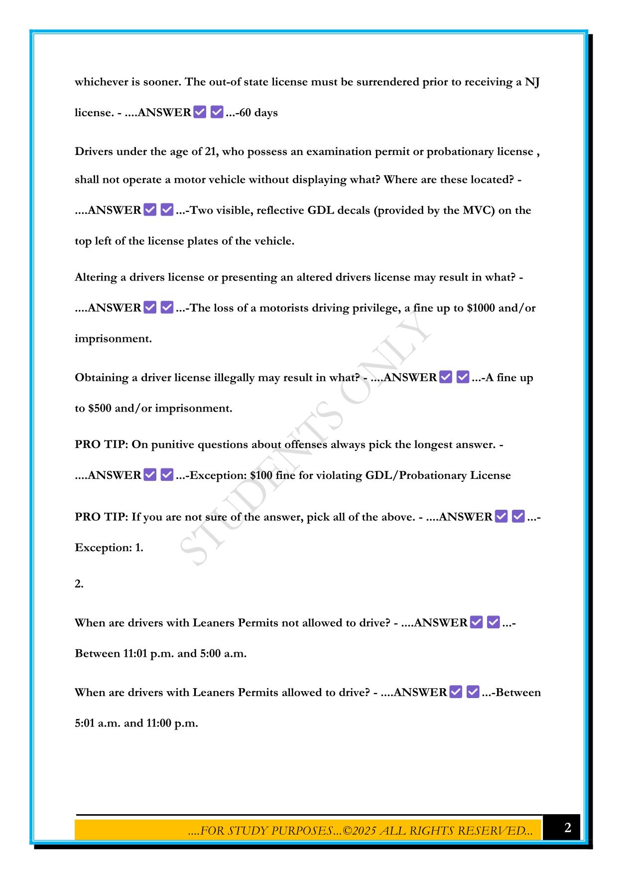 NJ MVC DRIVING TEST 2025 QUESTIONS AND ANSWERS