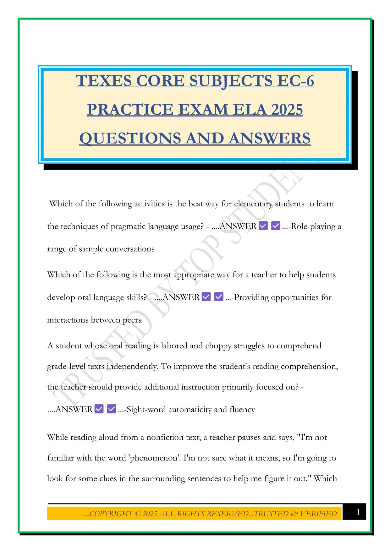 TEXES CORE SUBJECTS EC-6 PRACTICE EXAM ELA 2025 QUESTIONS AND ANSWERS