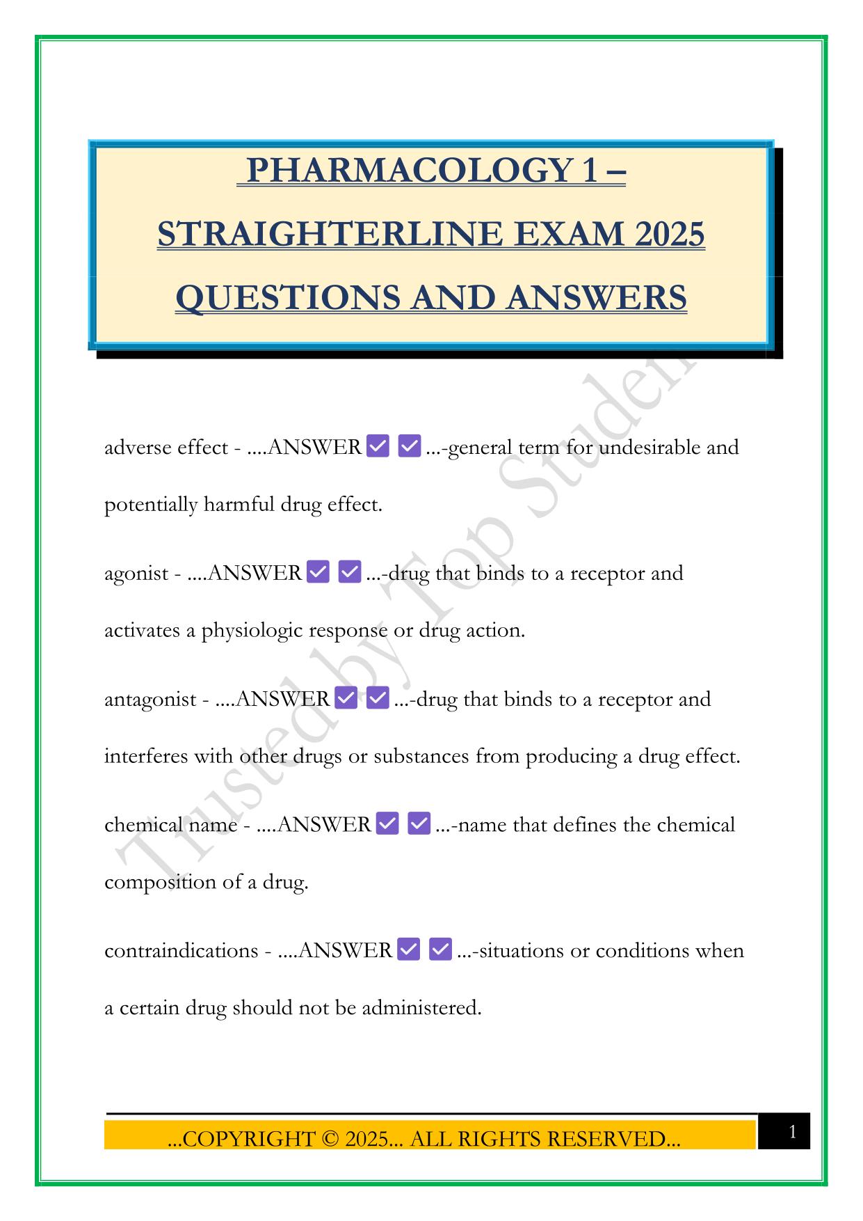 PHARMACOLOGY 1 – STRAIGHTERLINE EXAM 2025 QUESTIONS AND ANSWERS
