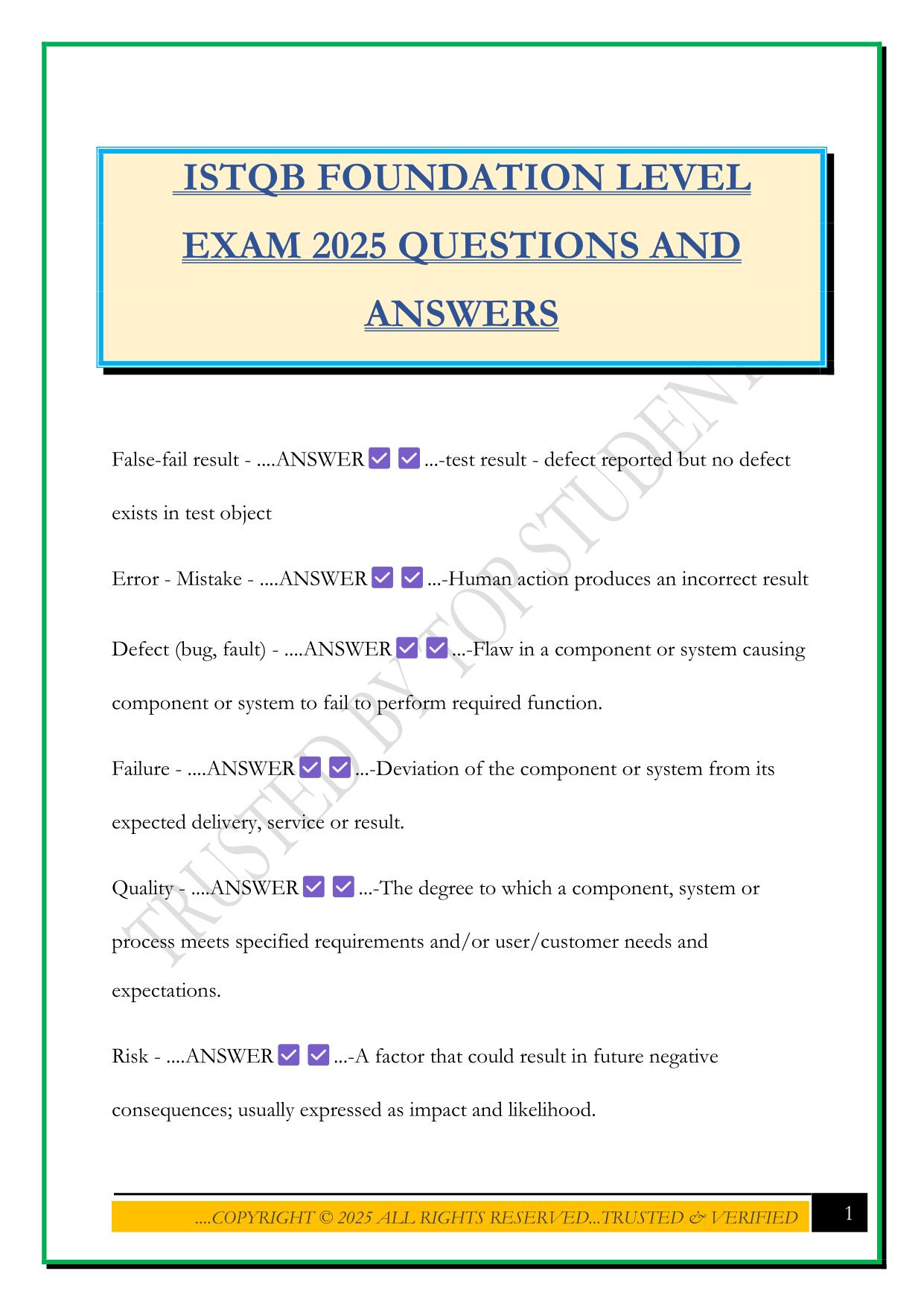 ISTQB FOUNDATION LEVEL EXAM 2025 QUESTIONS AND ANSWERS