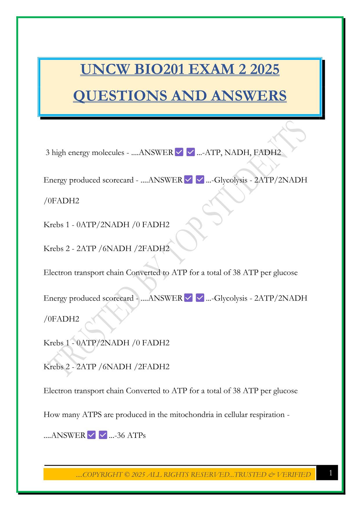 UNCW BIO201 EXAM 2 2025 QUESTIONS AND ANSWERS